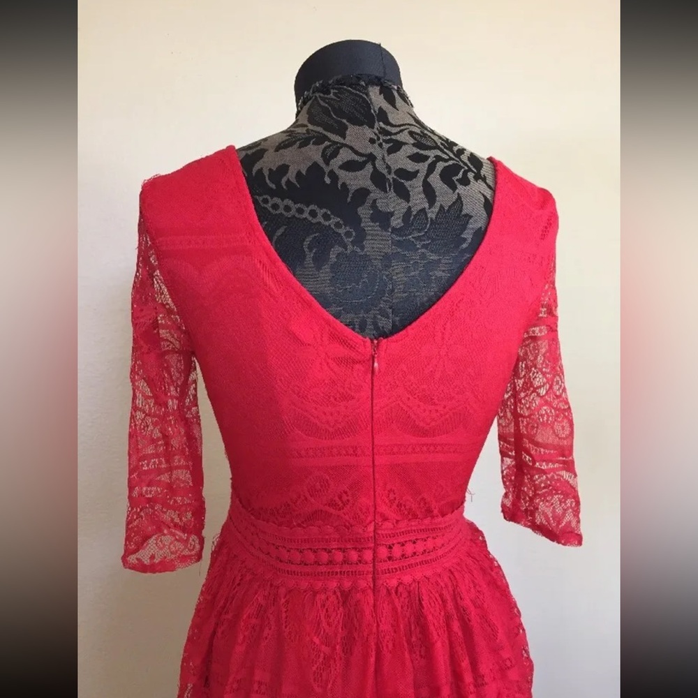 Alya Red Lace Dress Small Mini Sheer Sleeve Festive Party - Picture 5 of 6